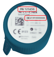 Top view of the blue twist cap, with the PIN and serial number highlighted.